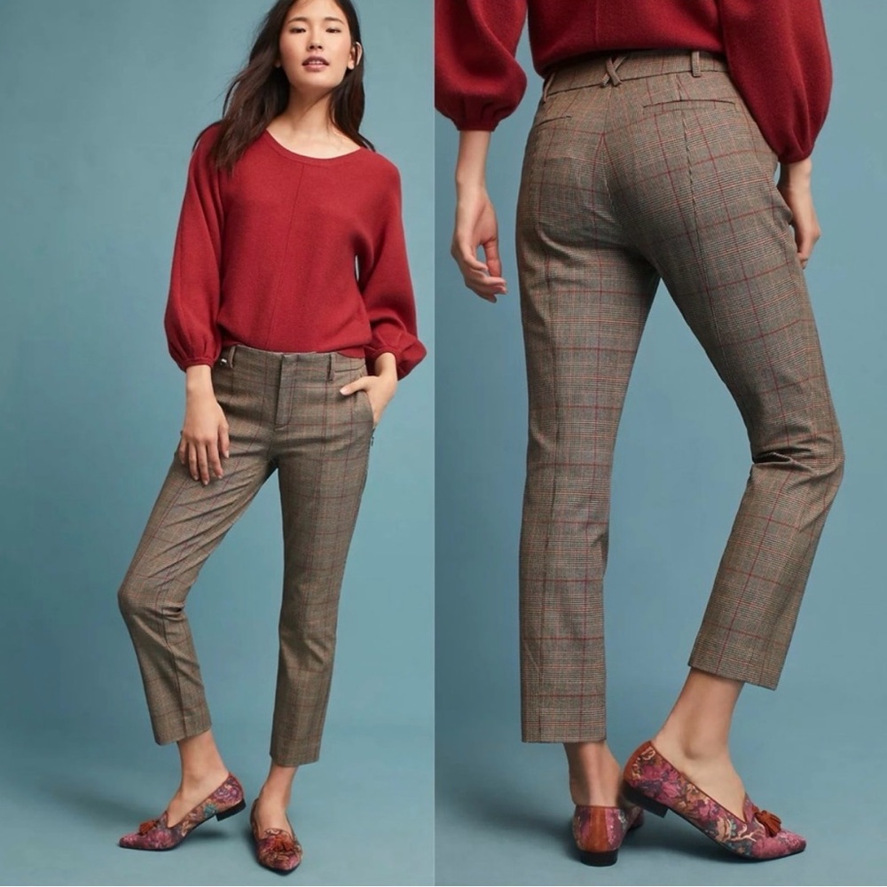 Anthropologie Brown Plaid Straight Leg Pants